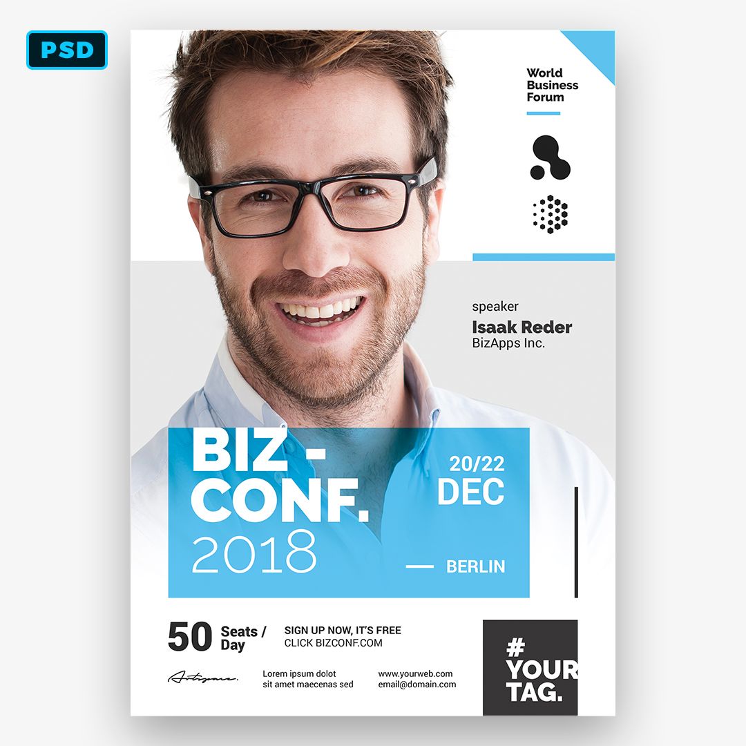 Seminar flyer PSD template for Photoshop available to download on Bornx